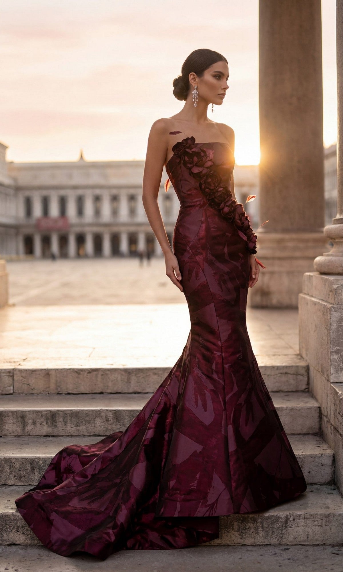 A woman in the wine-colored Long Formal Dress Terani 261E6259, featuring a strapless mermaid silhouette and floral details, stands on stone steps outdoors at sunset with a classical building in the background.
